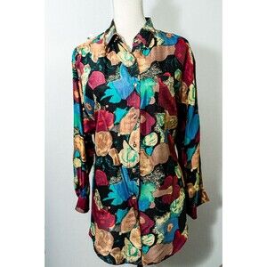 Vintage Jane Ashley Silk abstract art to wear button down shirt M Colorful retro